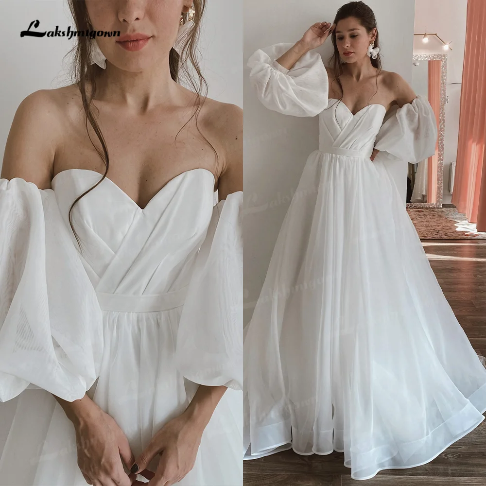 Stylish Boho Wedding Dress with Removable Puff Sleeves Lace-up Back Minimalist Bridal Dress vestido de novia Sweetheart Simple