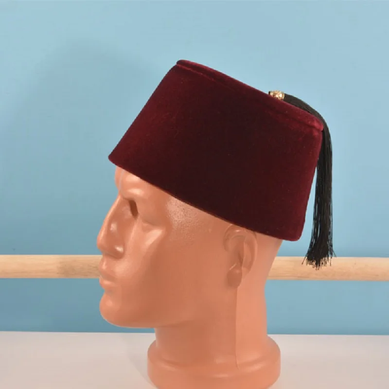 Ottoman Authentic Folkloric Turkish Fes Fez, Oriental Tarboosh, Exotic Ottoman Hat Red And Burgundy