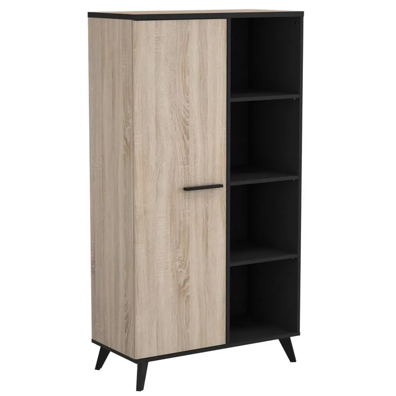 Bookcase shelf wardrobe 1 Door 8 shelves living room office room Oak and black 154x83x39