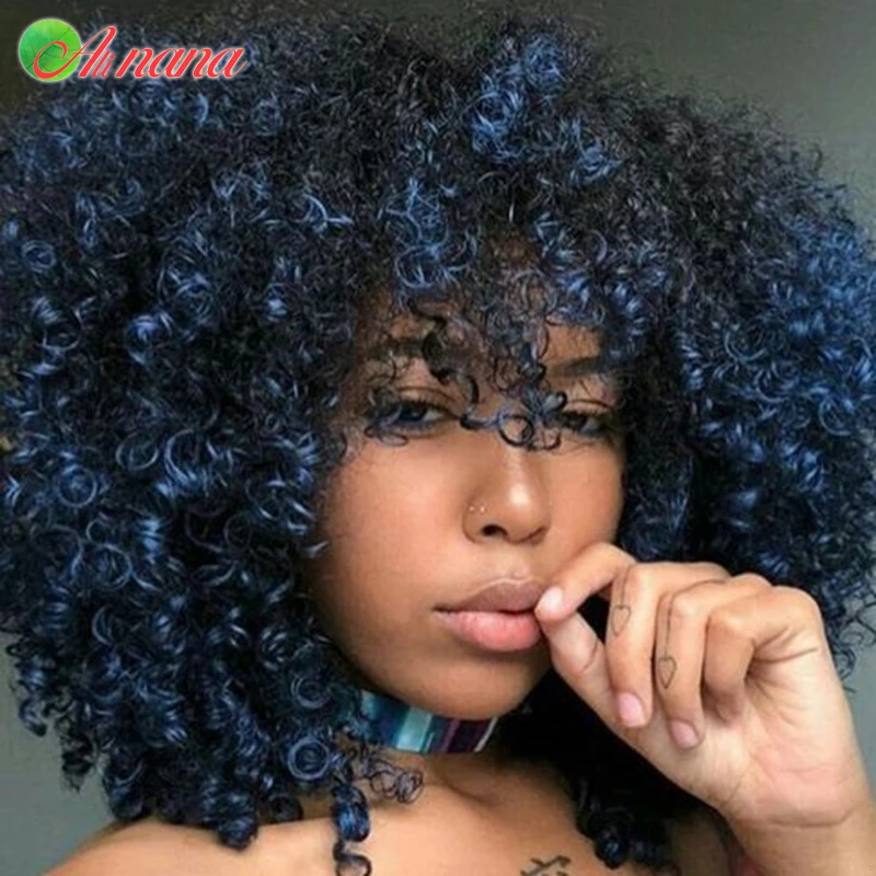 Perucas encaracoladas Jerry do cabelo humano com Franja para mulheres, máquina completa feita, azul alaranjado louro do destaque colorido, cabelo