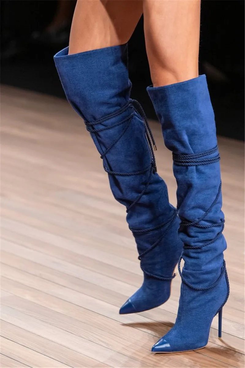 

Fashion Denim Blue Cross-tied Cowboy Boots Women Pointed Toe Overknee Boots High Heels Shoes Woman Runway Thigh High Boots 2024