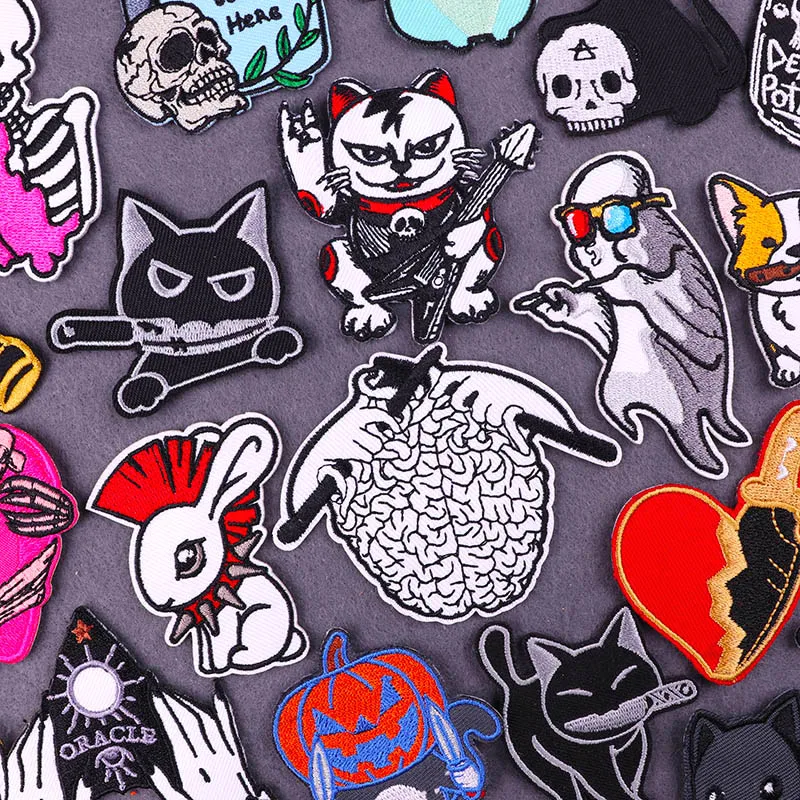 Hip-hop Rock Animal Patch Iron On Patches On Clothes Punk Killer Cat Embroidered Patches For Clothing Stickers Skull Sewing DIY