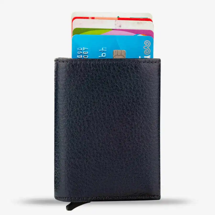 Customisable Automatic Pop-Up Leather Card Holder Navy Blue Bag Casual Quality Luxury New Stylish Design Detail Durable Sturdy