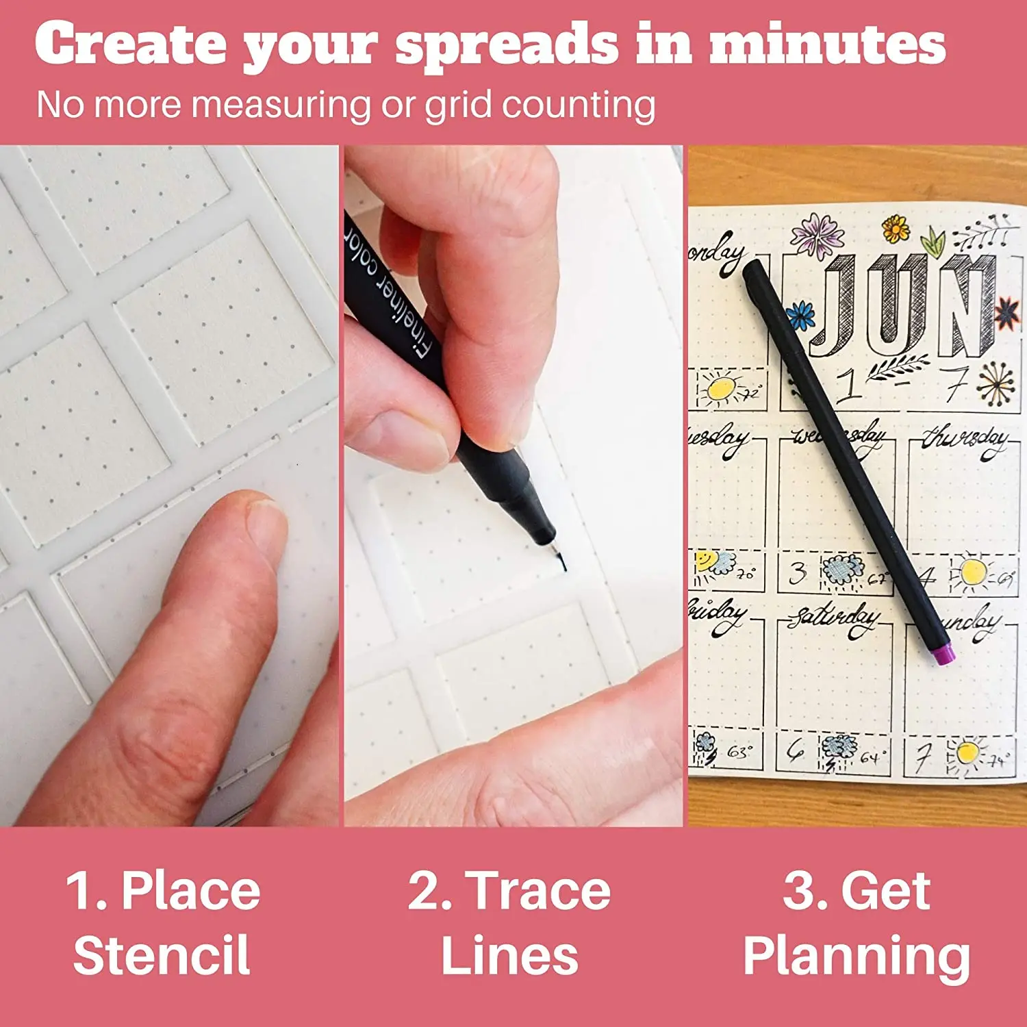 6Pack Reusable Plastic Weekly Layouts Journal Stencils for A5 Bullet Dot Grid Notebook, Save Time on Full-Page