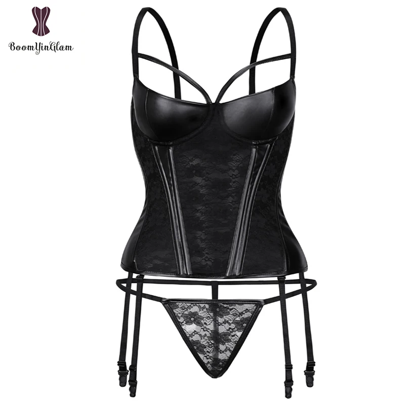 Strap Women Faux Leather Sexy Floral Lace Boned Overbust Corset Black Bustier Waist Cincher Bodyshaper Plus Size