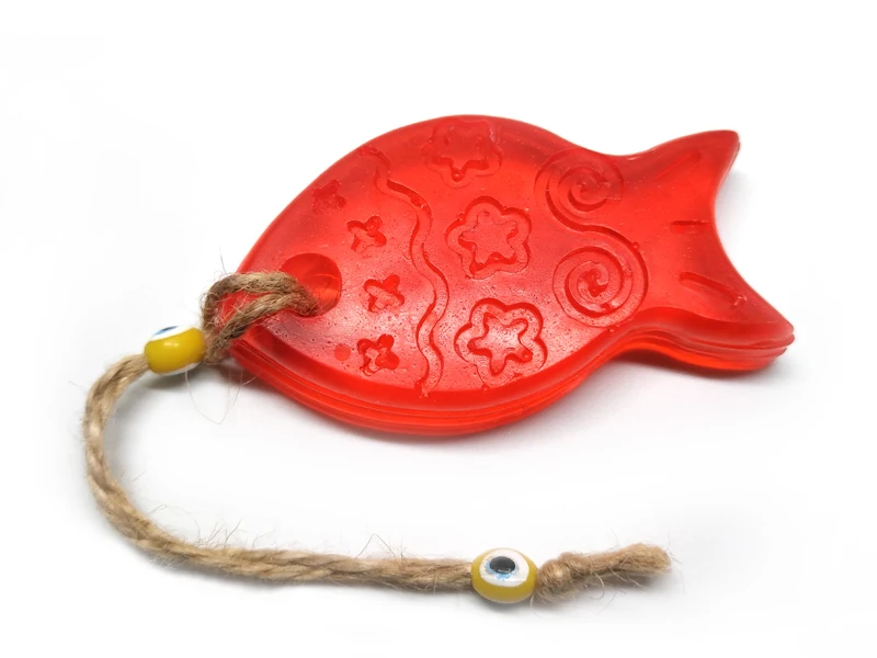 

Trasnparent Fish-looking decorative handmade soap gift soap with thread and evil eye bead in red color