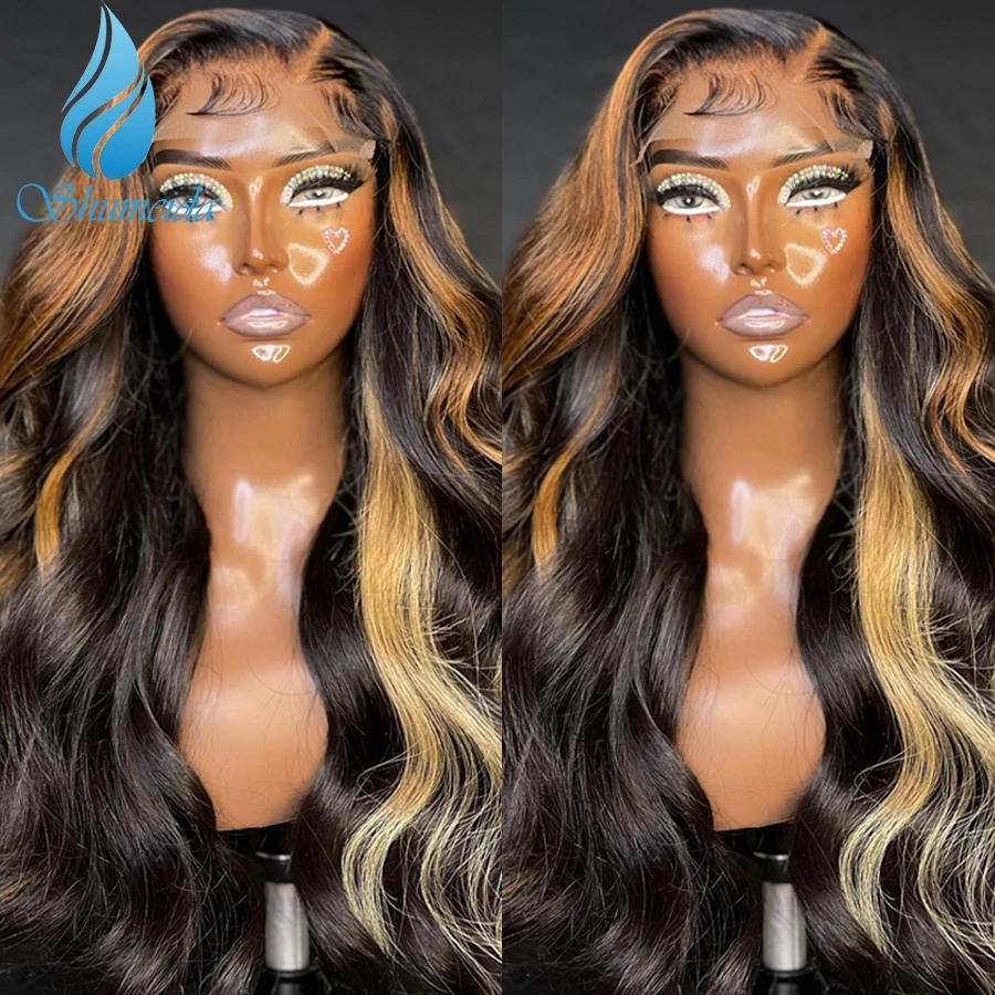 Shumeida Highlight Brown Color 13*6 Lace Front Wigs Blonde Pre Plucked Hairline Peruvian Remy Human Hair Glueless Wig for Women