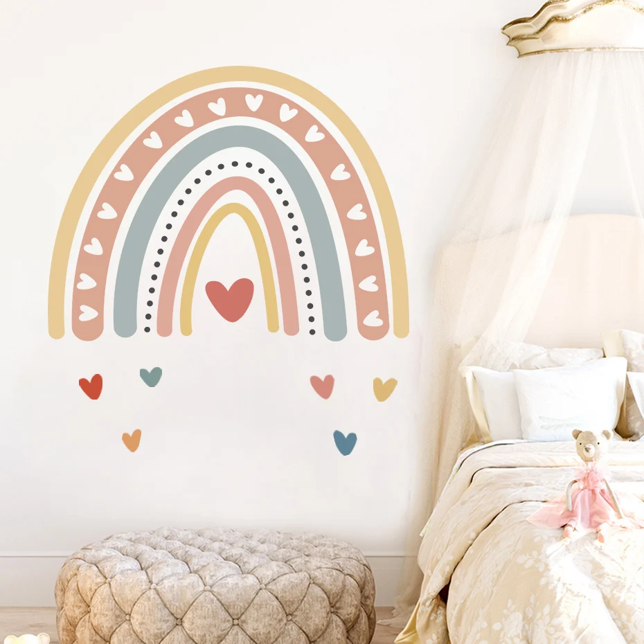 Cartoon Rainbow Heart Nursery Wall Sticker Vinyl DIY Removable Wall Decals Kids Girls Bedroom Playroom Interior Home Decor