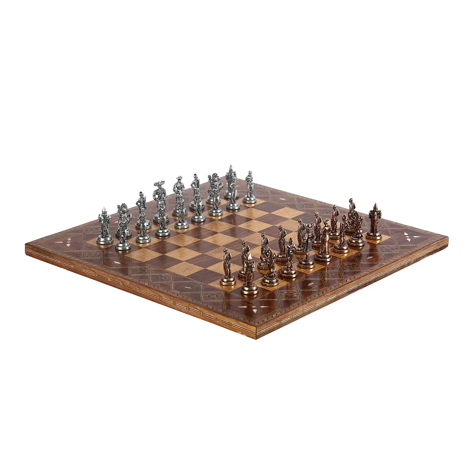 Historical Spanish Royal Guards Metal Chess Set,Handmade Pieces,Natural Solid Wooden Chess Board,Original Pearl,King 7 cm