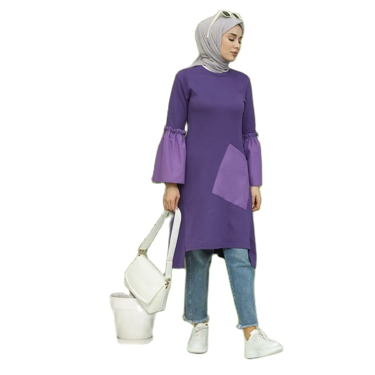 Gathered Sleeve Pocket Tunic Women Hijab Clothing Muslim Fashion Polyester Fabric Solid Single Color Does not sweat without a li