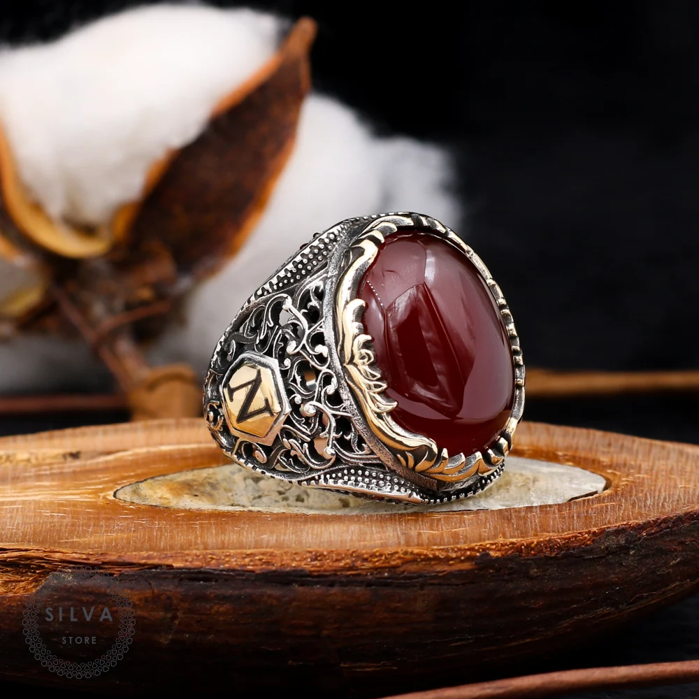 Customisable Original 925 Sterling Silver Ring for Men With Red Agate Stone Two Letters Can Be Written On Order