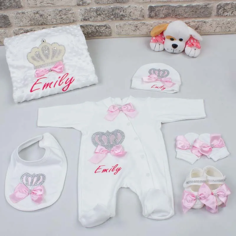 Personalized Babies Girl Suit Newborn Rompers Blanket Name Embroidered Baby Girl Male Toddler Clothes 6pcs Set's Clothing Outfit