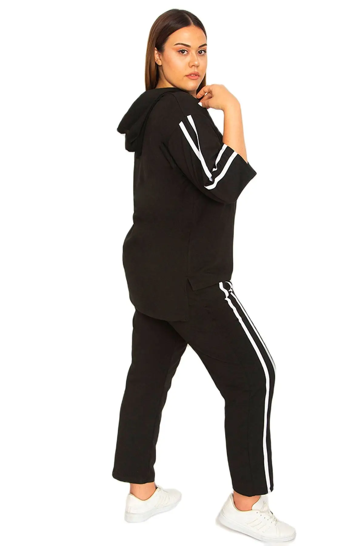 Vrouwen Plus Size Zwart Sweatsuit Set 2 Stuk Dubbele Gestreepte Detail Rits Trainingspak, ontworpen En Gemaakt In Turkije, Nieuwe Collectie