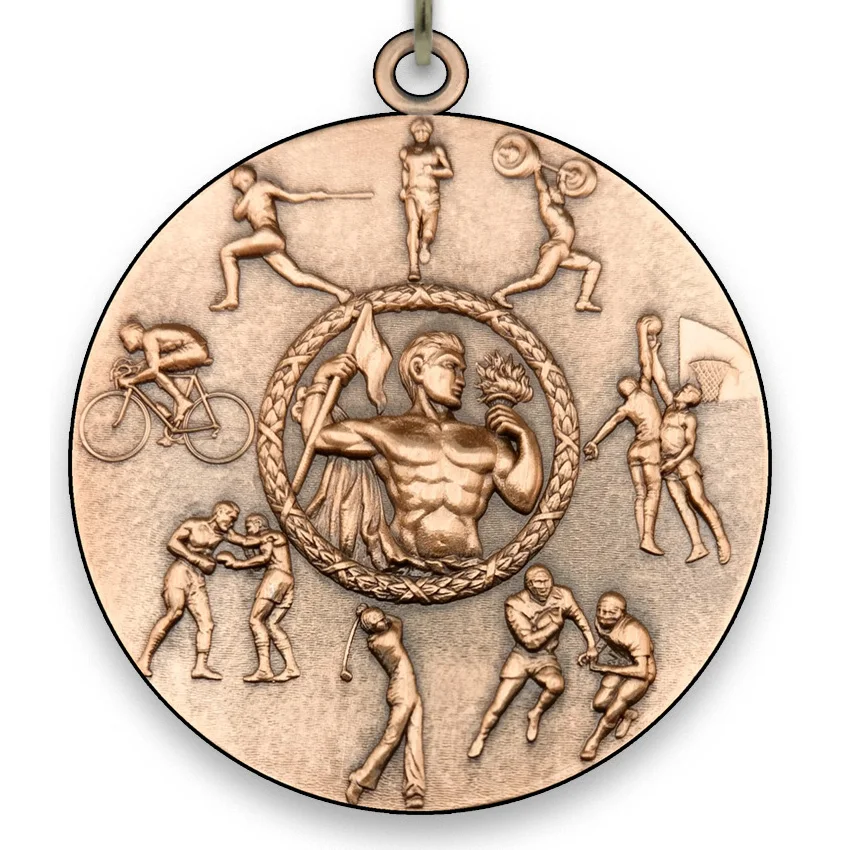 Large Metal All Sports Medal - Male - Bronze - 6,4 cm - Neck Ribbon size 2,2cm x 80 cm - Choice of Ribbon Colours.