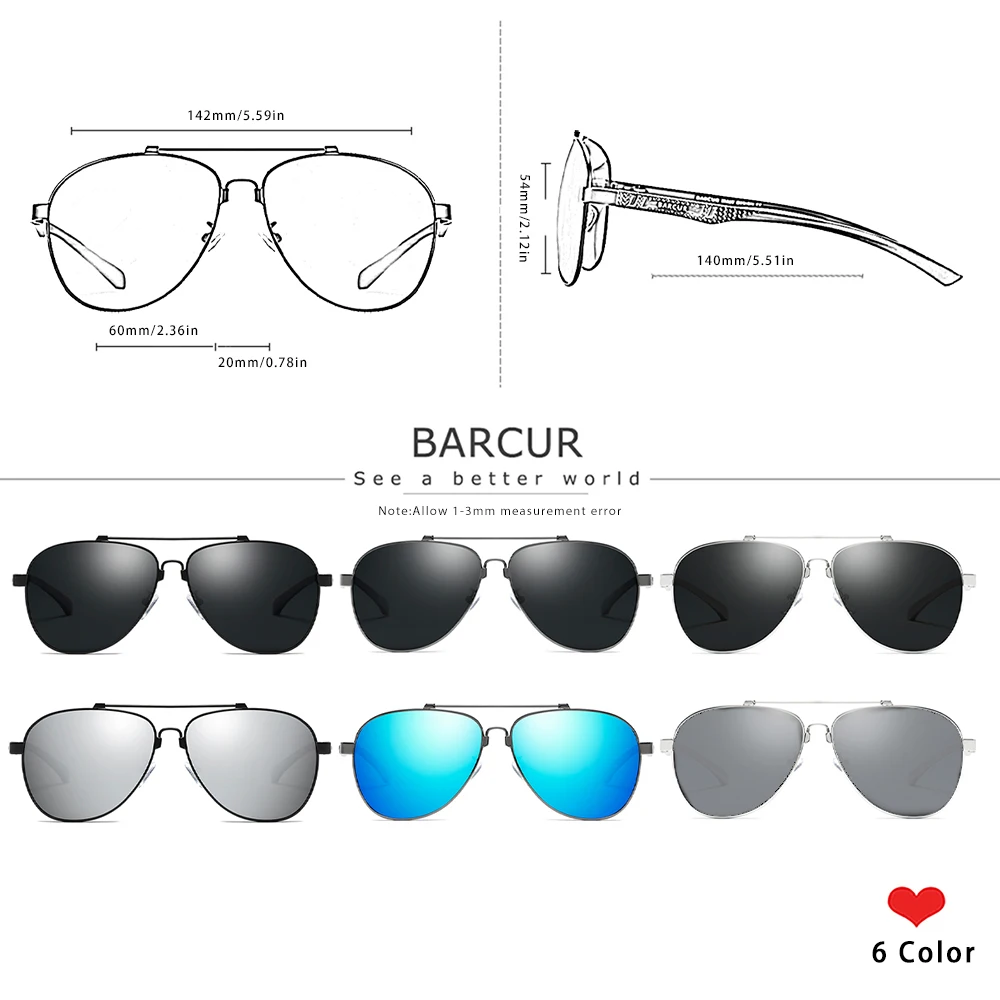 BARCUR Brand Design Stainless Steel Frame Sunglasses Polarized Men Sun Glasses Women Pilot Eyewear Driving Mirror Shades UV400