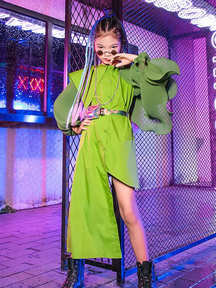 ZZL ropa de espectáculo de modelos para niños, traje de escenario k-pop, vestido verde, manga de mariposa, ropa de rendimiento de Hip-hop de Jazz, Otoño e Invierno