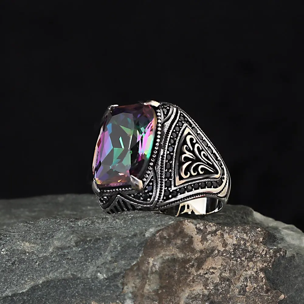 

MEN 'S 925 Sterling Silver Ring, Mystic Topaz Stone, Real Natural Stone, Made in Turkey, for men Gift Jewelry, Fashion Accessories 2022