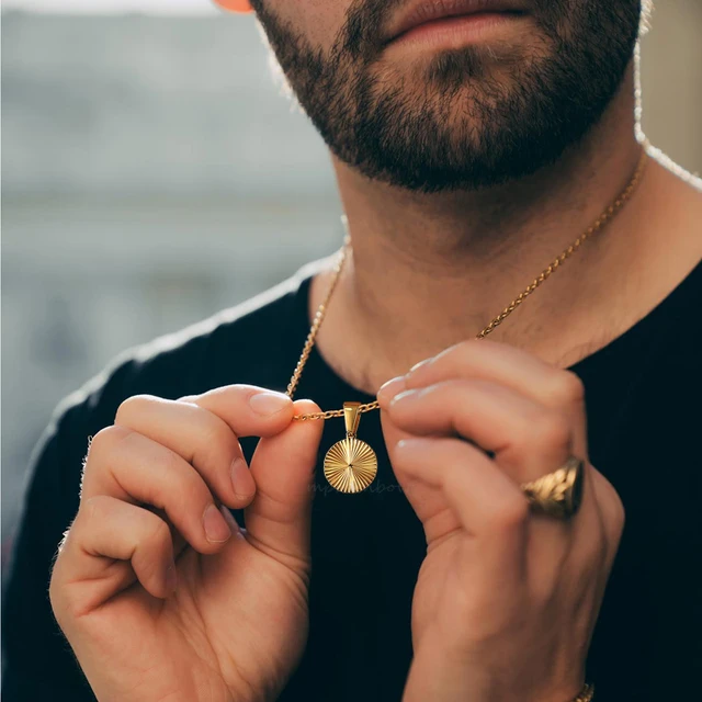 Men Pendant Necklace Gold Plated Embossing Radiation Round Disc Pendant Stainless Steel Sunburst Charm Necklace AliExpress 36