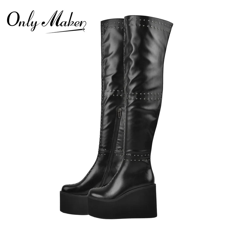 

Onlymaker Sexy Wedges High Heels Over The Knee Boots Women Stretch Long Boots Ladies Rivet Spring Autumn WinterLong Boots Shoes