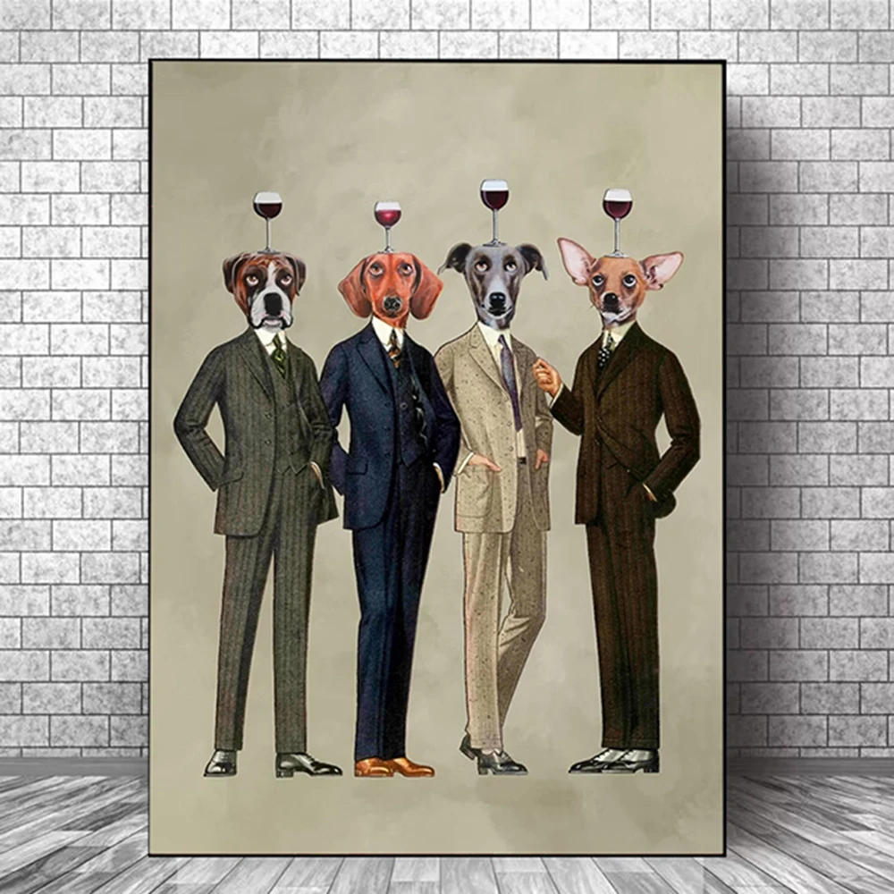 

Abstract People and Animals Red Wine Glass On Dog Head Painting Funny Sexy Ostrich Bath Printed On Canvas Poster for Living Room