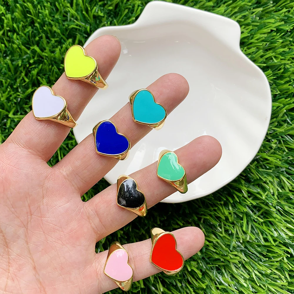 Chunky Heart Shape Enamel Finger Ring Copper 18K Gold Plated Trendy Adjustable Love Heart Rings Jewelry Fit For Girl/Women