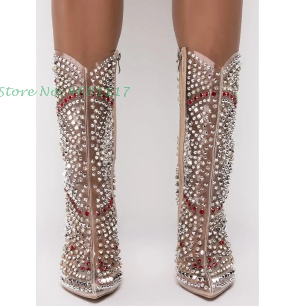 Full Crystal Transparent Summer Boots Luxury Pointy Toe High Stiletto Heels Bling Boots Green Print Designer Fashion Mid Boots