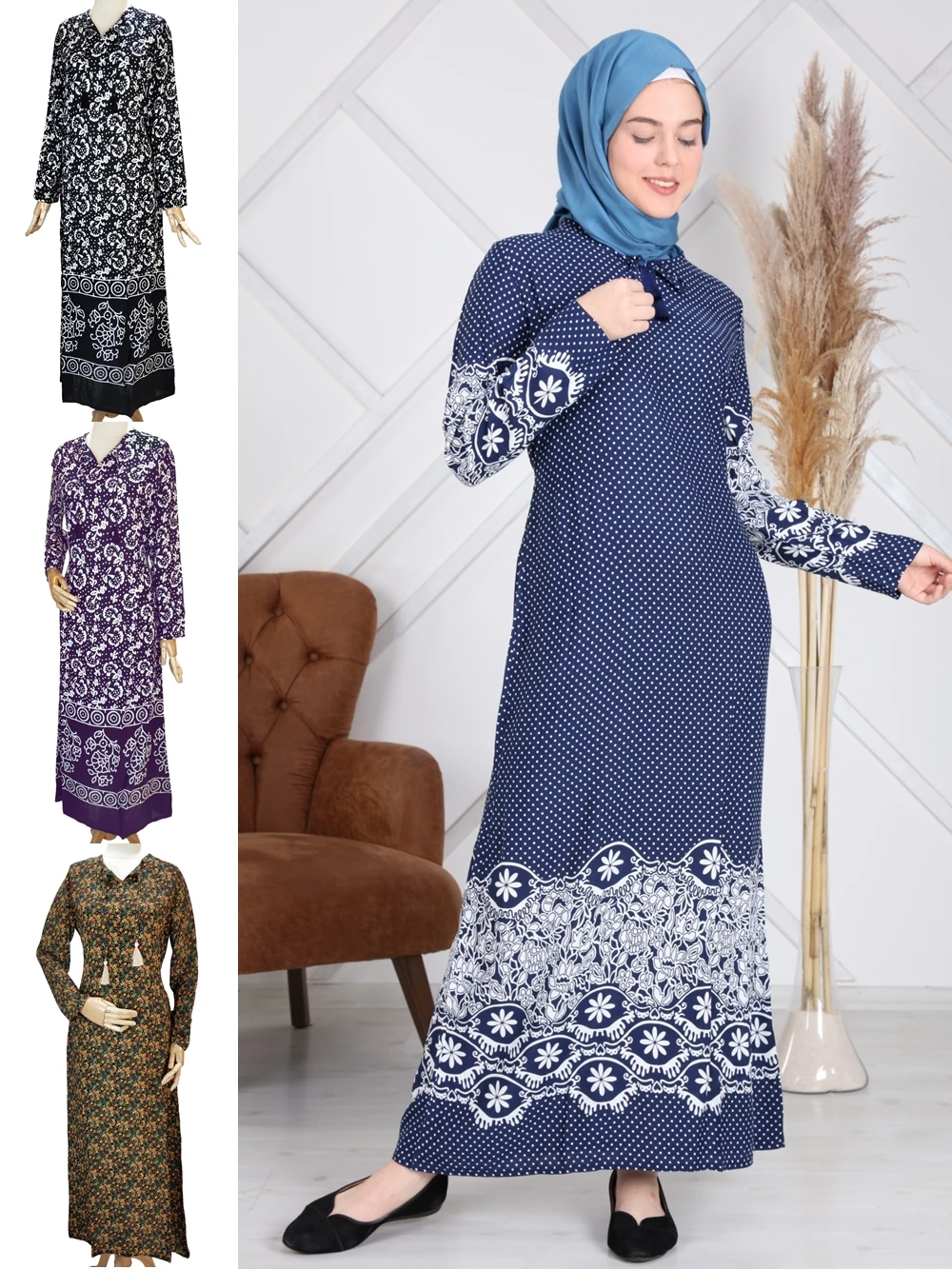 

Muslim Dresses Comfortable Dot Flower Pattern Cotton Viscose Natural Fabric Islamic Long Sleeve Turkey Prayer Garment Hijab Reis