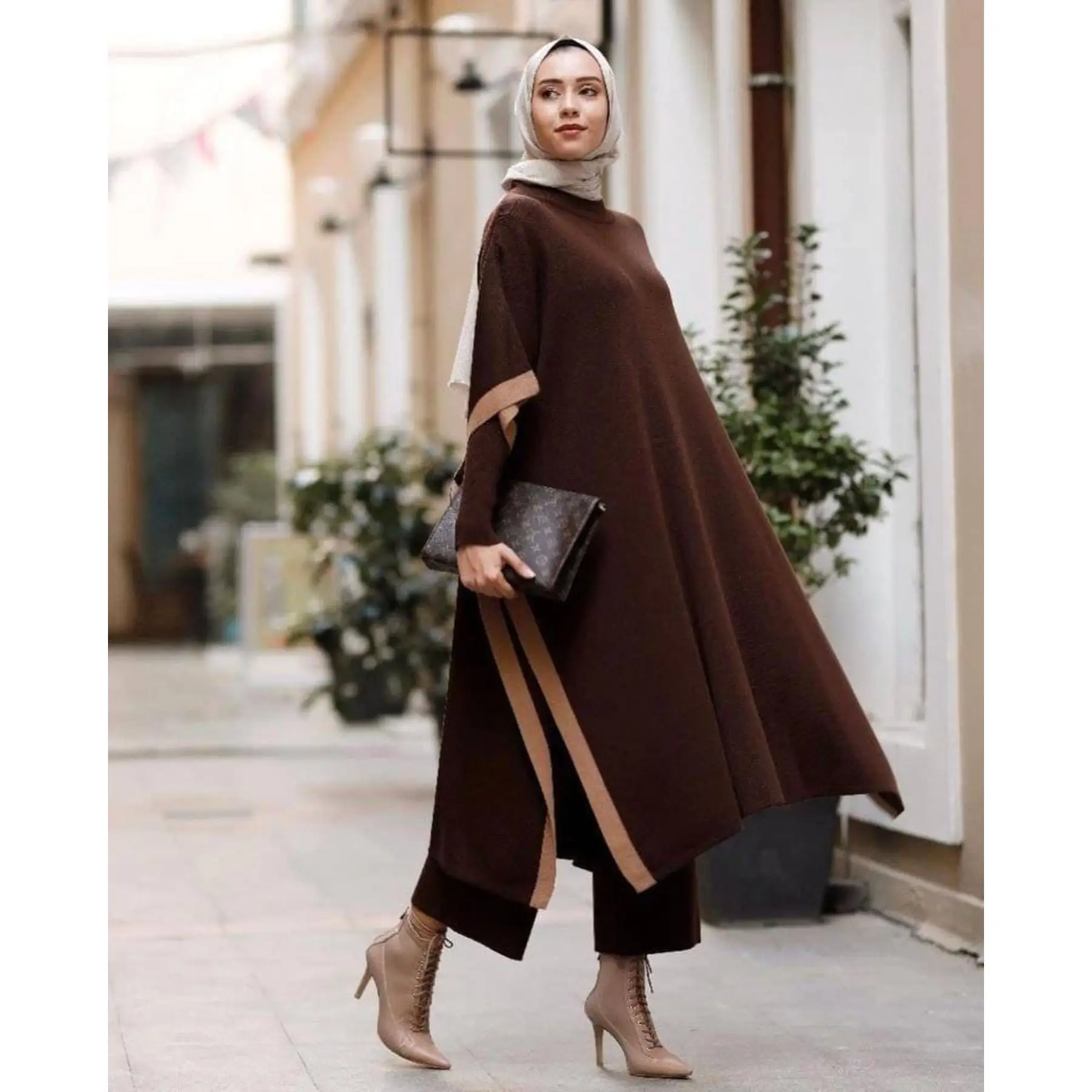 3 Piece Big Size Women\'s Set Bat Wing Sleeve Top Tunic+ Knitted Sweater + Baggy Pant Triple Suit Knitwer Muslim Fashion Turkey