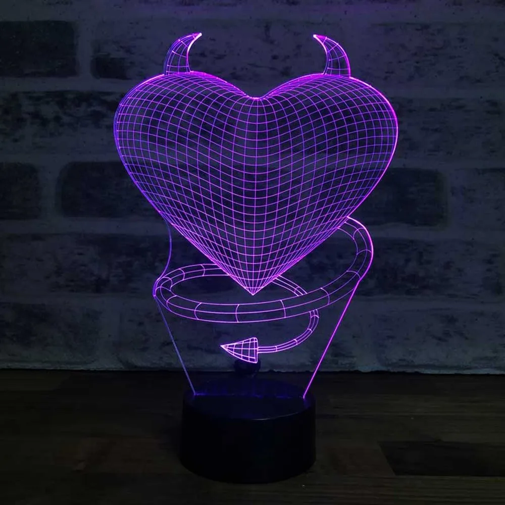 3D Illusion Devil Love Acrylic Led Lamp 12 Volt Adapter Daylight Design Wood Base 7 Diffrent Light Color Birthday Special Day Neon Sign Nightstand Decoration for Bedroom Fancy Room Decor Anime Wedding Stranger Things