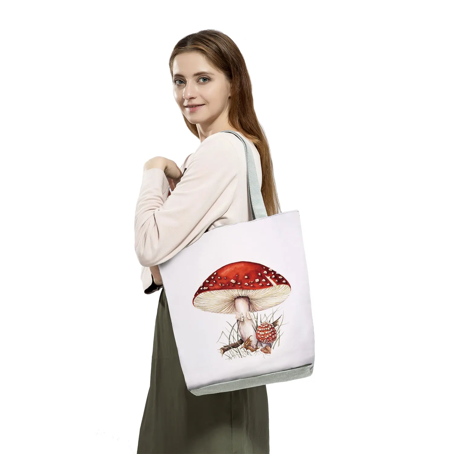 Bright Colors Mushroom Printed Handbag Women Eco Reusable High Capacity Shopping Bag Foldable Portable Travel Shoulder Tote Girl