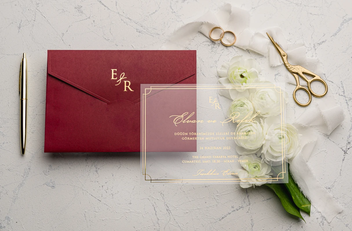 50 burgundy envelopes and transparent wedding invitation card