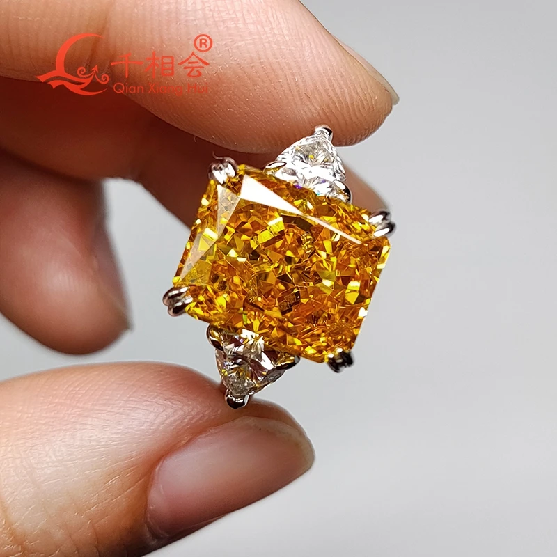 

Yellow color10*12mm radiant ice cut cubic zircon stone moissanite trillion band 925 Sterling Silver Ring Jewelry Engagement