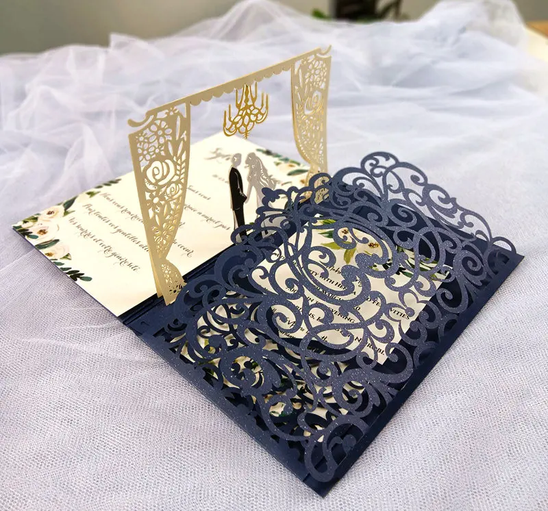 10x Luxury 3D Invite Pocket Wedding Invitation Cards Bride & Groom Trifold Card Teal Green Navy Burgundy Laser Cut Favor Cover