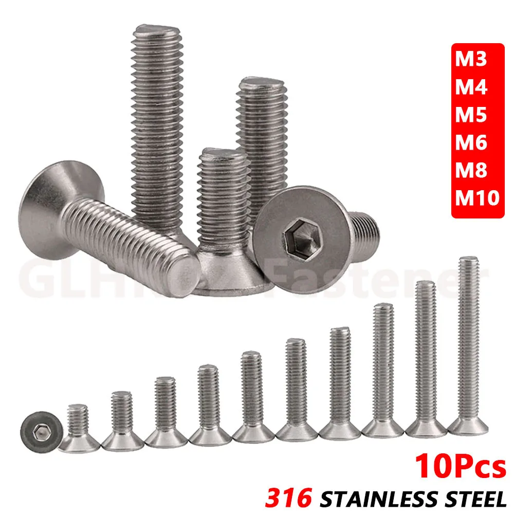 

10pcs M3 M4 M5 M6 M8 M10 Countersunk Flat Head Allen Hex Socket Bolt Machine Screw 4-100mm DIN7991 A4 Marine 316 Stainless Steel