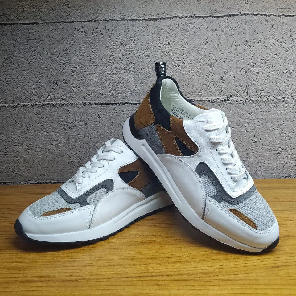 

Handmade Sport Running Shoes with Lightweight EVA Sole, White Cinnamon Gray Real Calfskin Leathher & Suede, Men's Sneakers