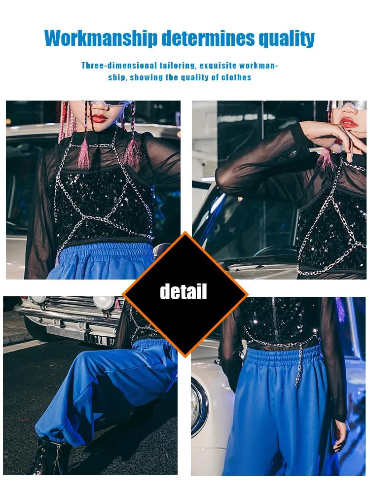 ZZL Fashion K-pop Stage Costume Black and Blue Sequin Outfits Jazz Dance Hip-hop Street Catwalk Performance Festival Wear