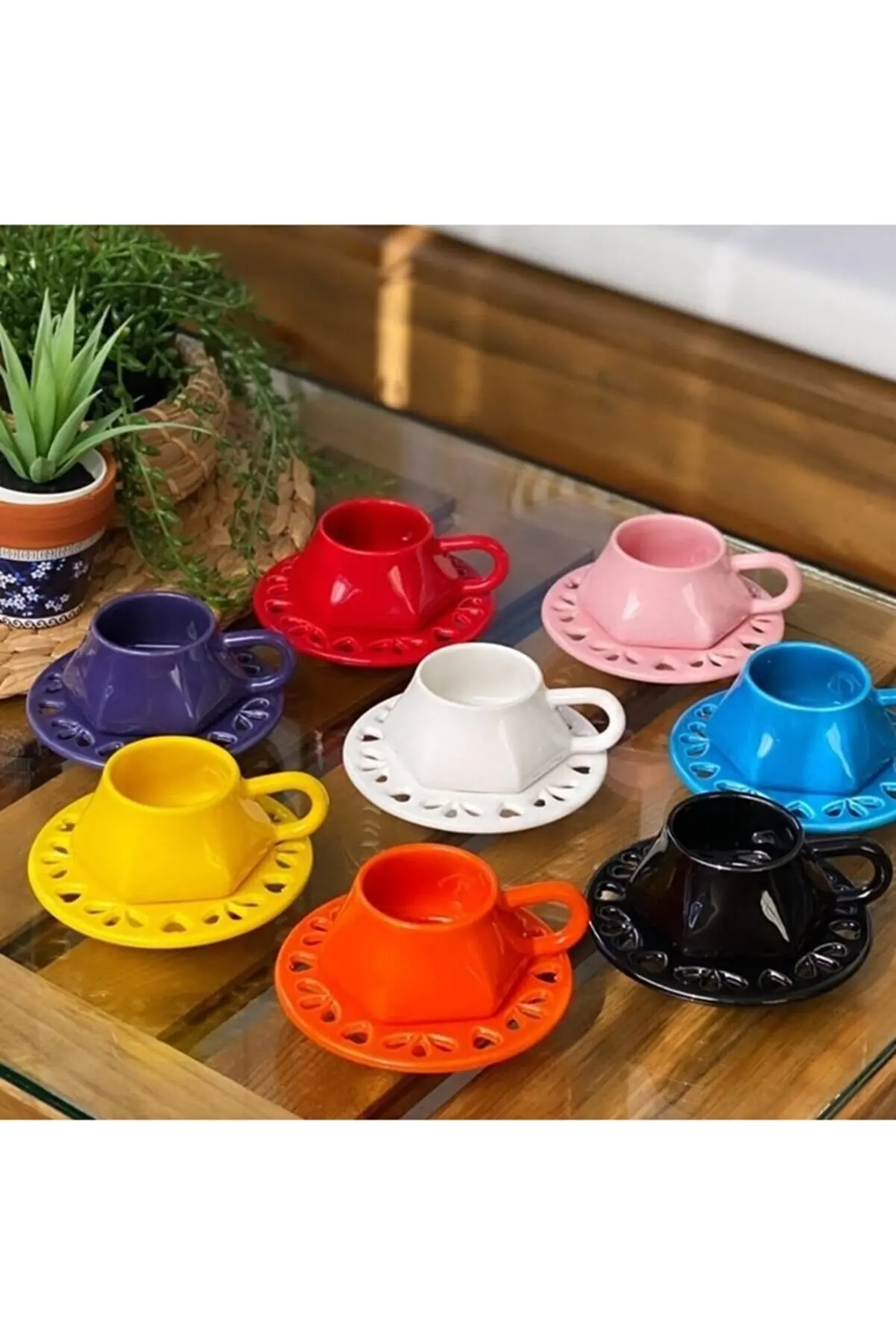 Colorful Coffee Cup Set 16 Pcs Mixed Color Quality Stylish Ceramic Cup and Saucer Turkish Coffee Espresso 100cc Made in Turkey