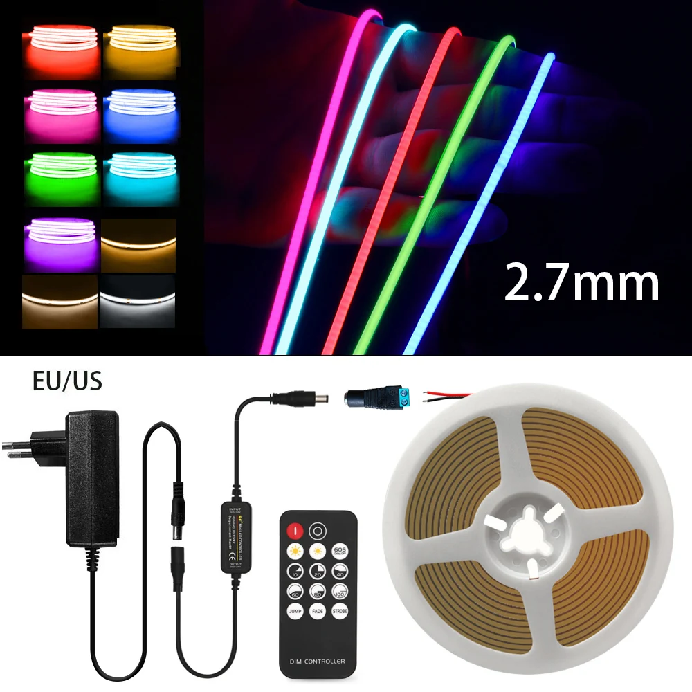 Full Kit Remote Control 2.7mm Multi-Color COB LED Strip for Room Decor DIY Blue/Pink/Red High Density LED Tape Light Set DC 12V