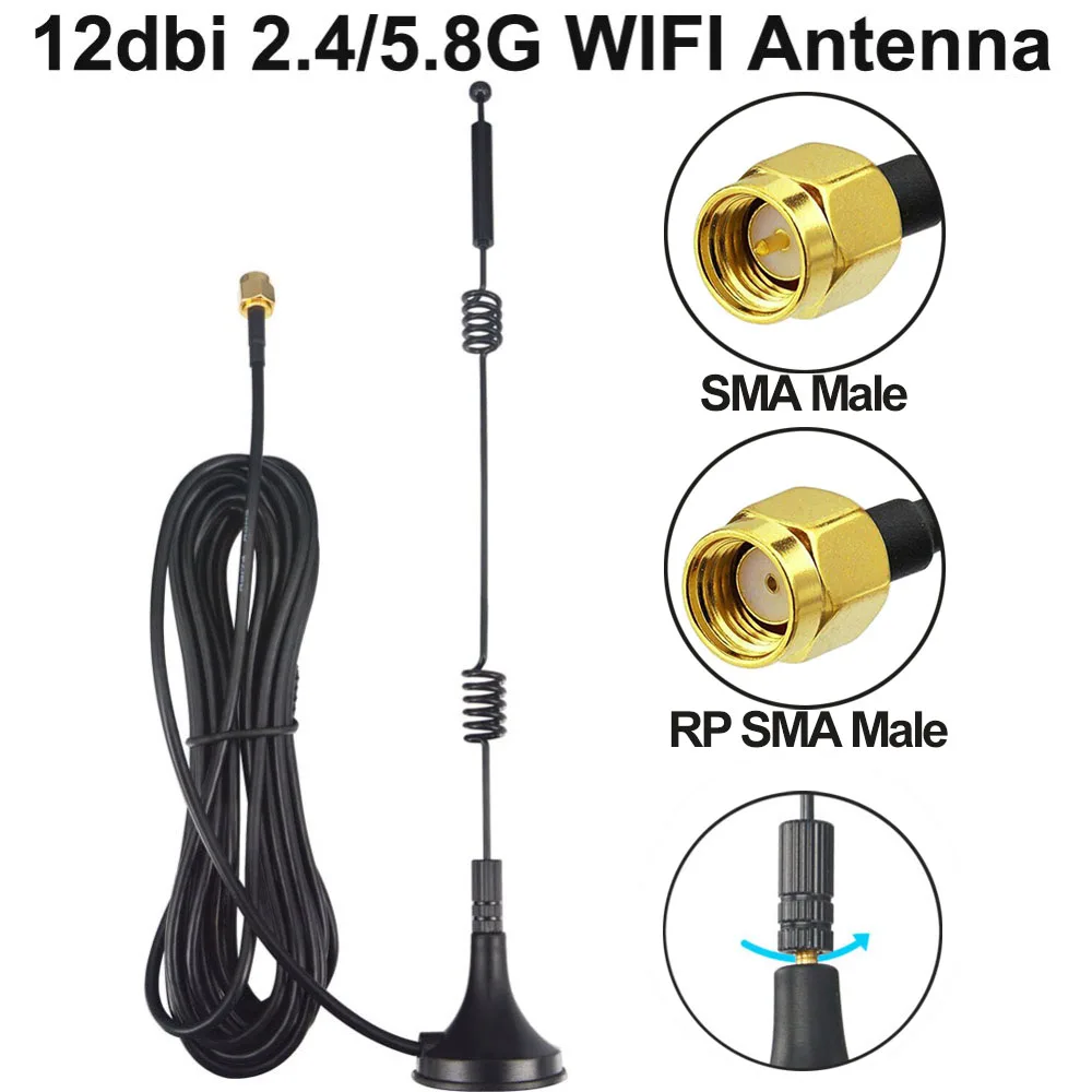 12dbi Dual Band WiFi Antenna 2.4G/5.8G Pole Antenna SMA Male/RP-SMA Male with Magnetic Base for Router Camera Signal Booster