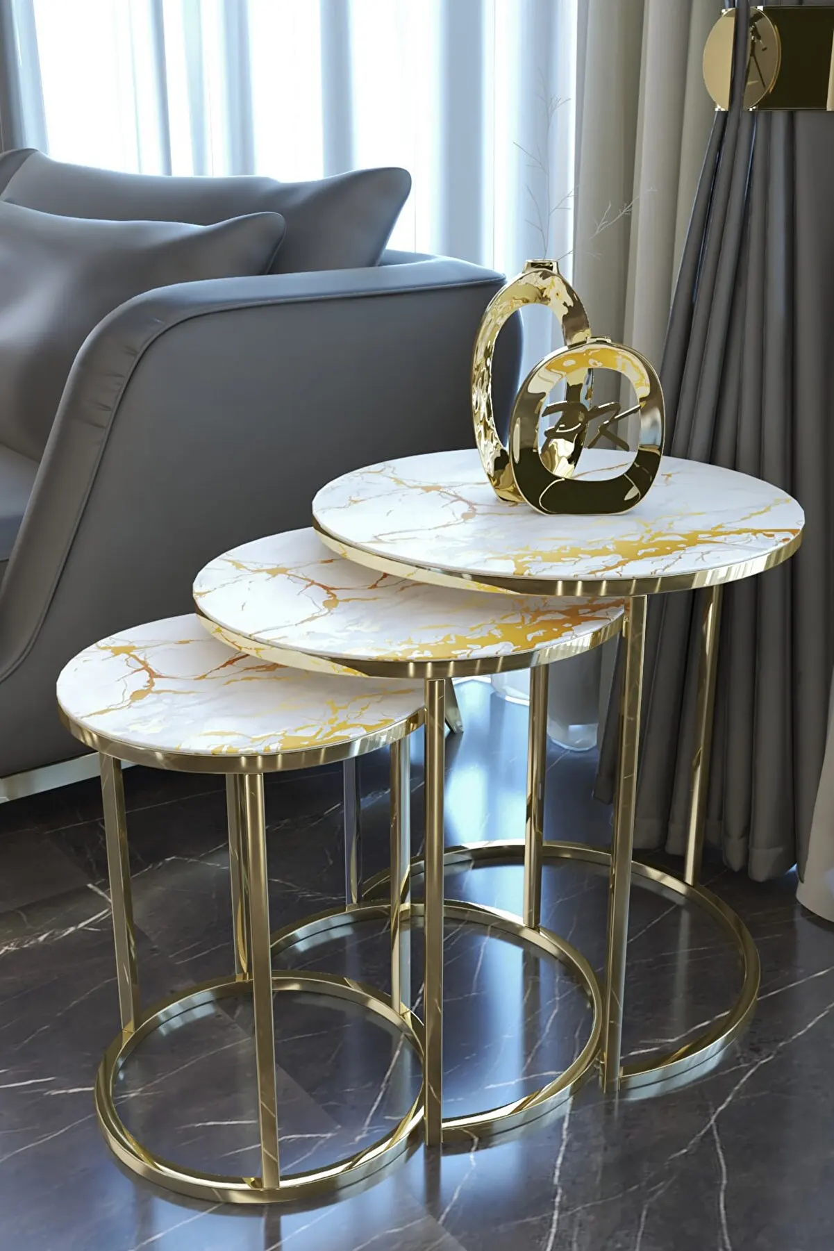Gold Metal Nesting Table Unbreakable Glass 3 Piece Scandinavian Side Table Furniture Tea Coffee Service Table Round Living Room Bedside Table