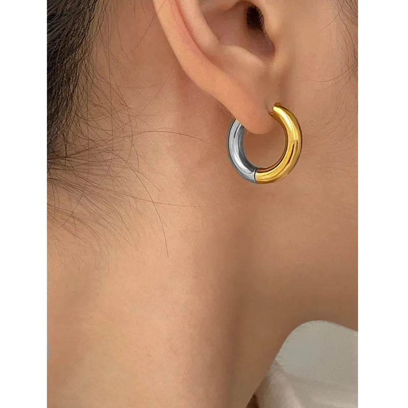 Metal With Two-color Splicing Hoop Earrings Titanium Steel Gold Color Plated Women\'s Earrings for Women Party Jewelry Gift 2022