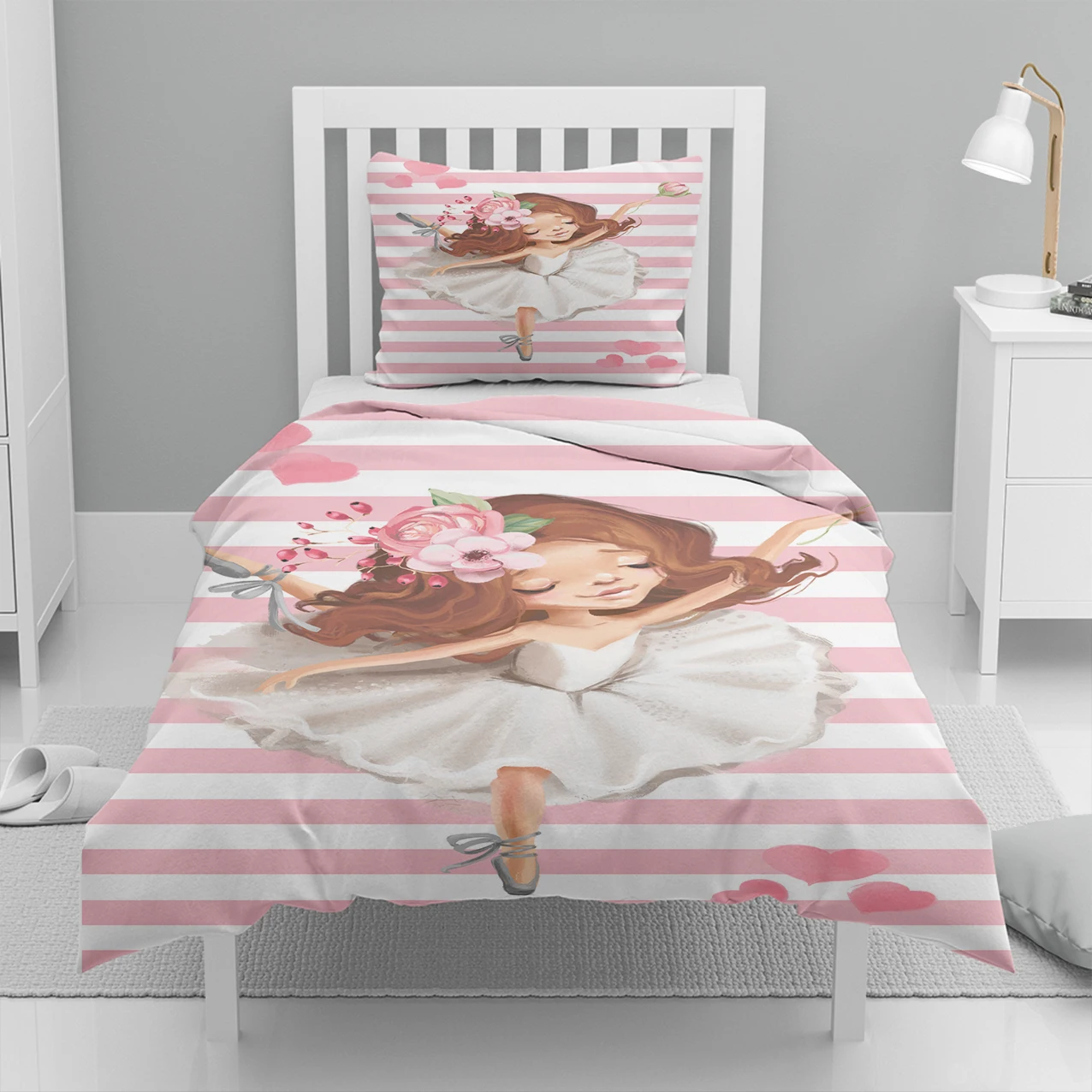 

Else 4 Pcs Pink Dancer White Ballerina Hearts 3D Print Cotton Satin Chidren Kids Duvet Cover Bedding Set Pillow Case Bed Sheet