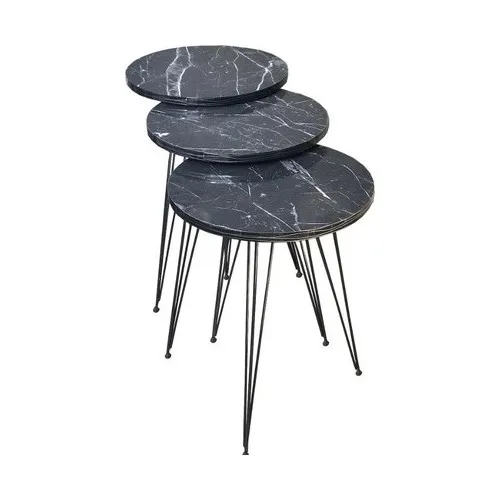 All Home Nesting Table Metal Leg 3-Piece Service Table Black Marble Pattern