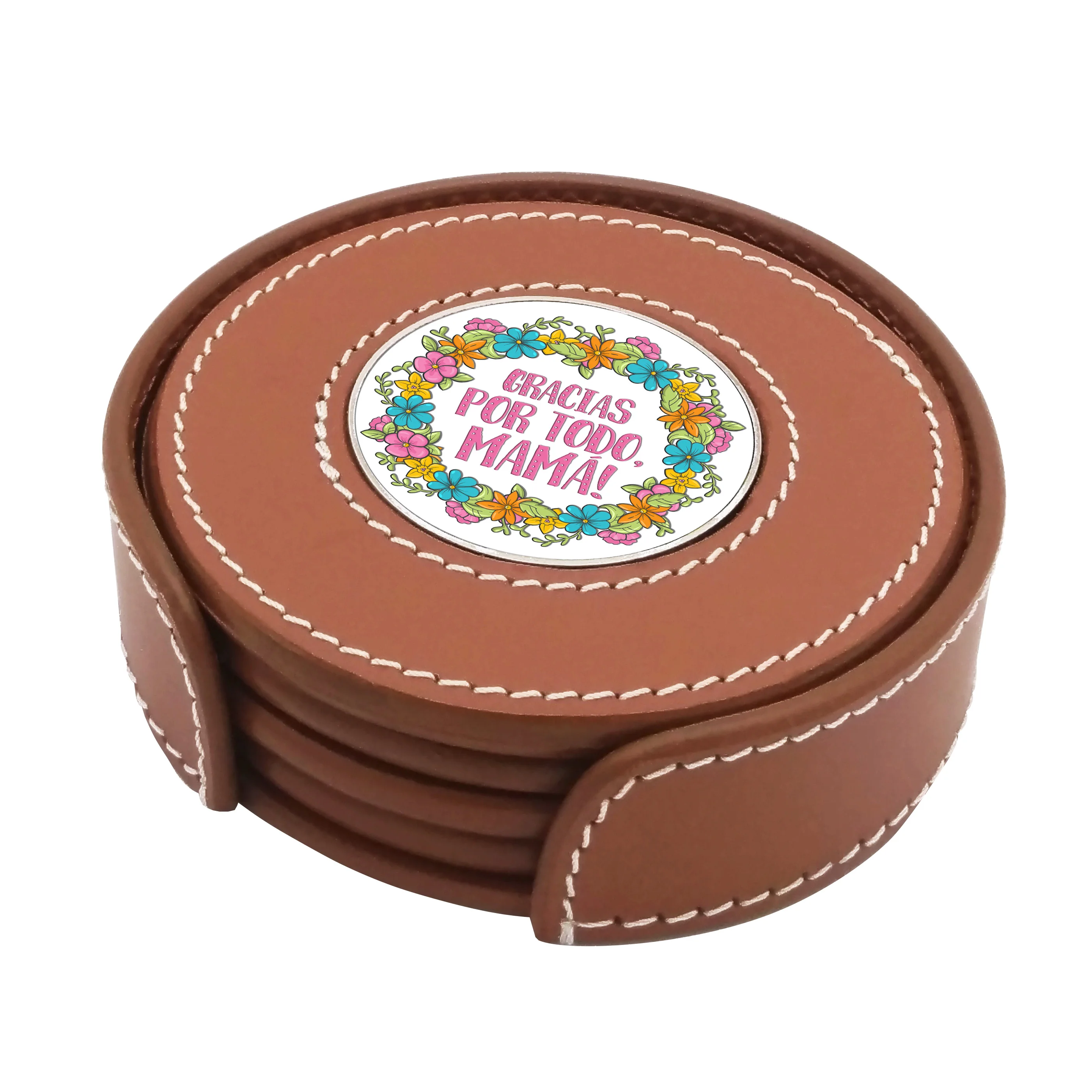 Four Leather Coaster with Holder for Mother´s Day - with Four Metal Medallions to choose among 8 different designs. Leather Color: Black or Tan.