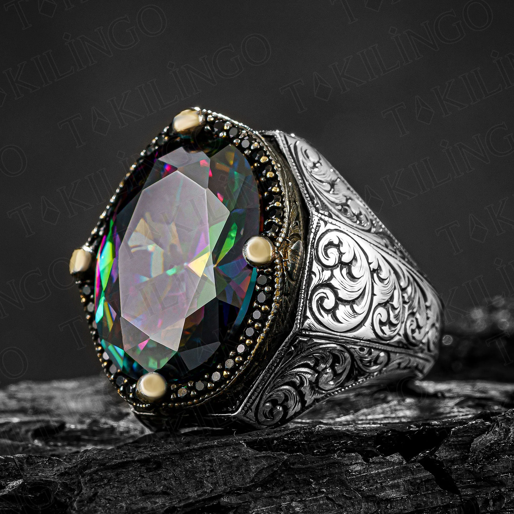 

Genuine 925 Sterling Silver Ring for Men's Mystic Topaz King Crown Design Victorian Occult Fashion Jewelry Gift