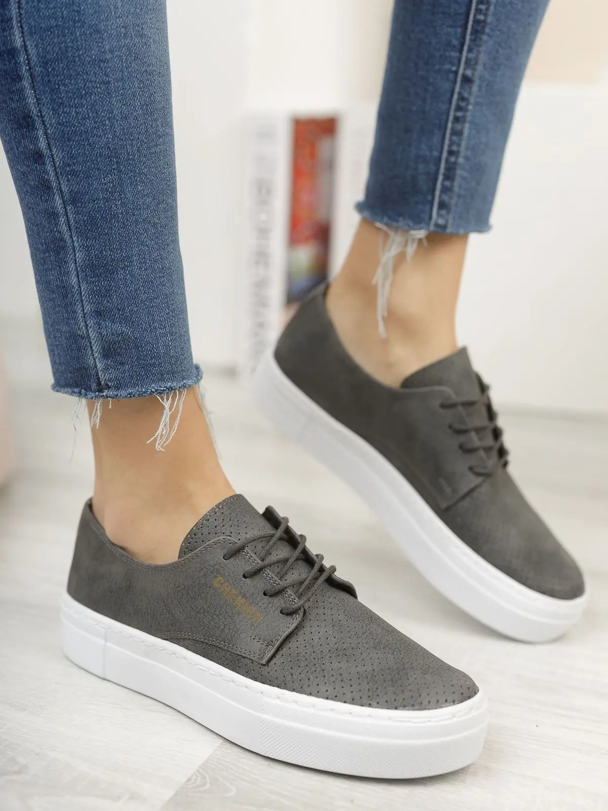 Chekich White Sole Lace-up Anthracite Color Vegan Eco-Friendly Artificial Leather Orthopedic Women Girl Shoes Odorless New CH061