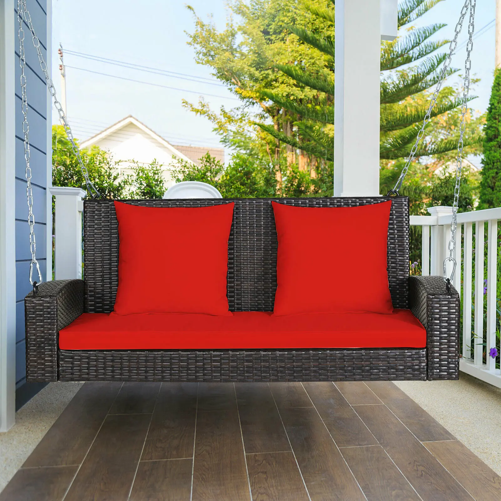 Patiojoy 2-Person Patio Rattan Hanging Porch Swing Bench Chair Cushion