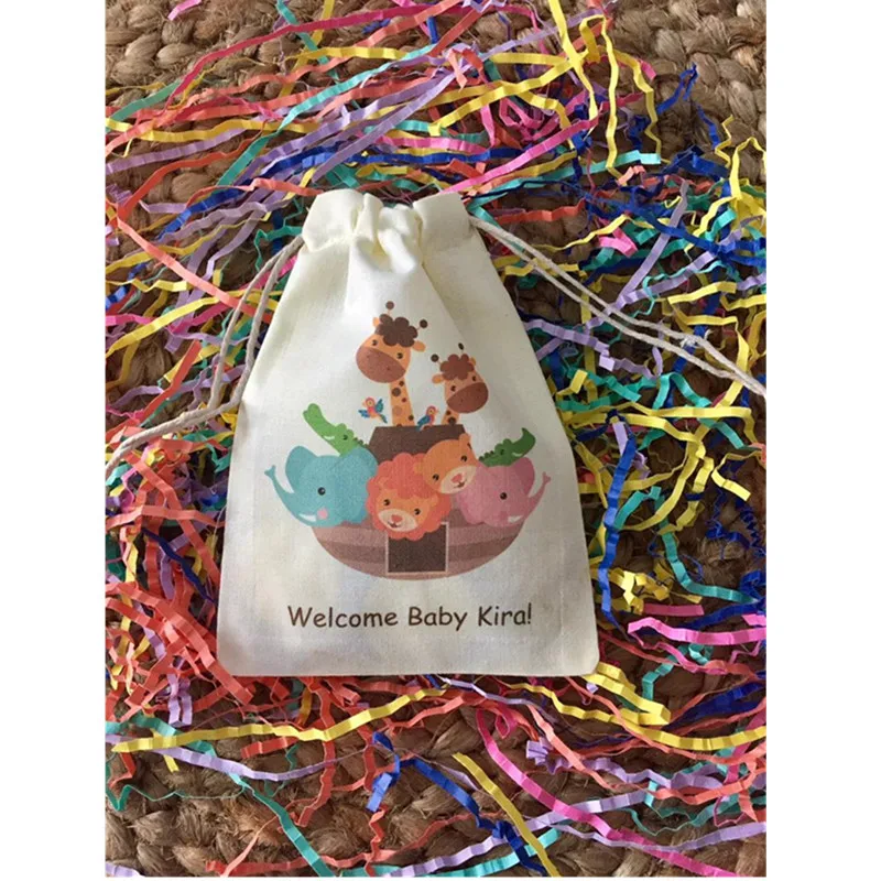 

10 Baby Shower favor bag personalize birthday gift bags animal theme party bag baptism drawstring bags muslin welcome treat bag