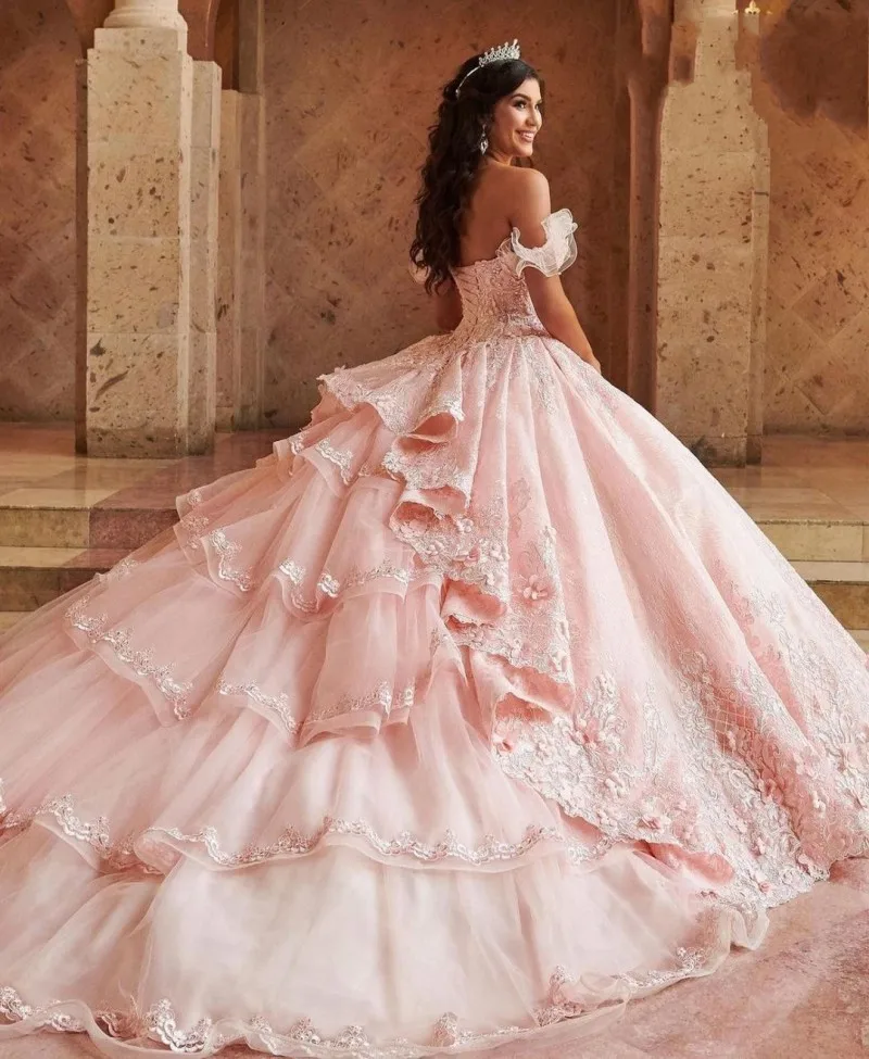 Vestido mexicano sweet 16 rosa, vestido quinceanera com apliques de rendas babados, vestido de baile com babados