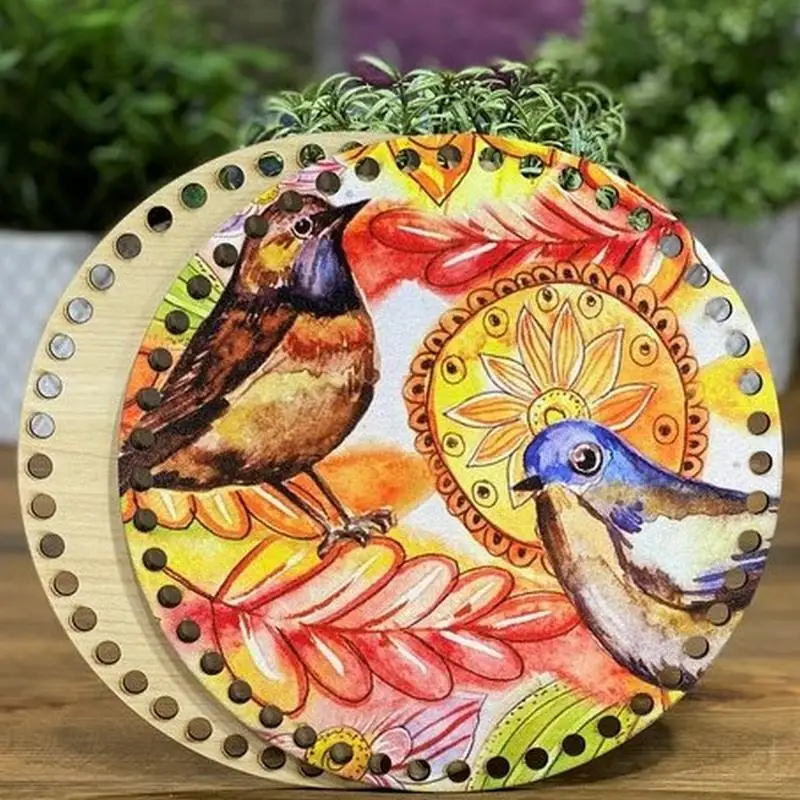 Printed Wooden Bag Circular Side, DIY, 20cm, 2 pcs Knitting Crochet Woven Accessories Handmade, Craft Basket Weaving Supplies Making Material,